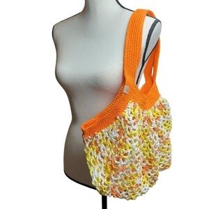 Large Crochet Mesh Market Bag Orange Yellow Cotton Handcrafted Handmade Reusable